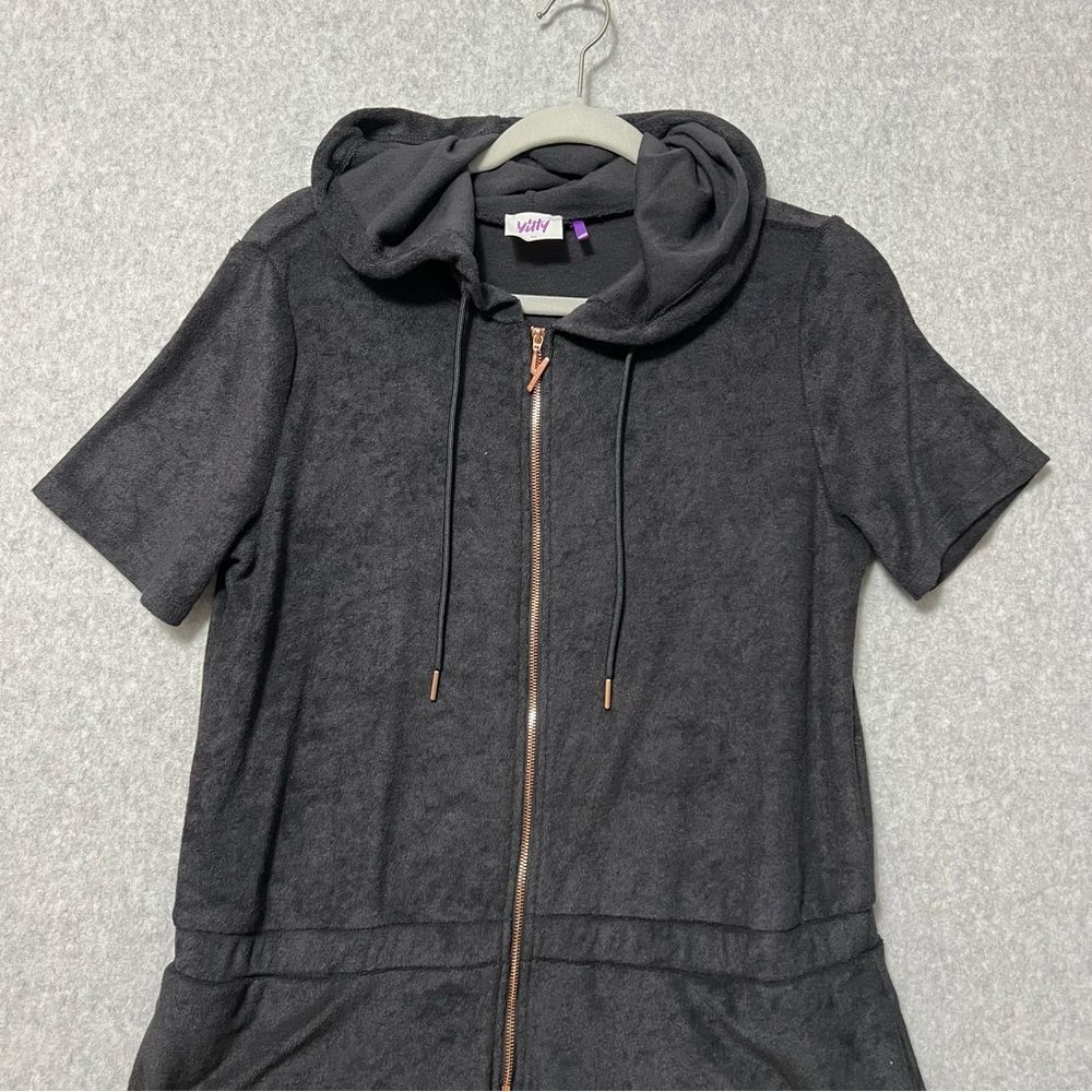 YITTY Terry Cloth Romper Size XL Black Hooded Zip Up Elastic Waist Athleisure - Picture 3 of 13
